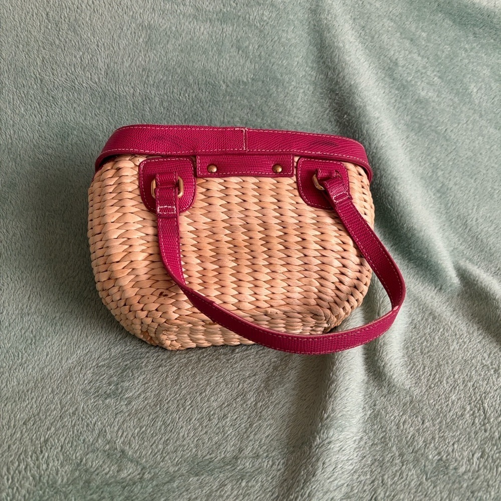 Vintage Vegetable Fiber Woven Basket Purse Top Handle Bag Pink Tan mirror - Picture 12 of 14